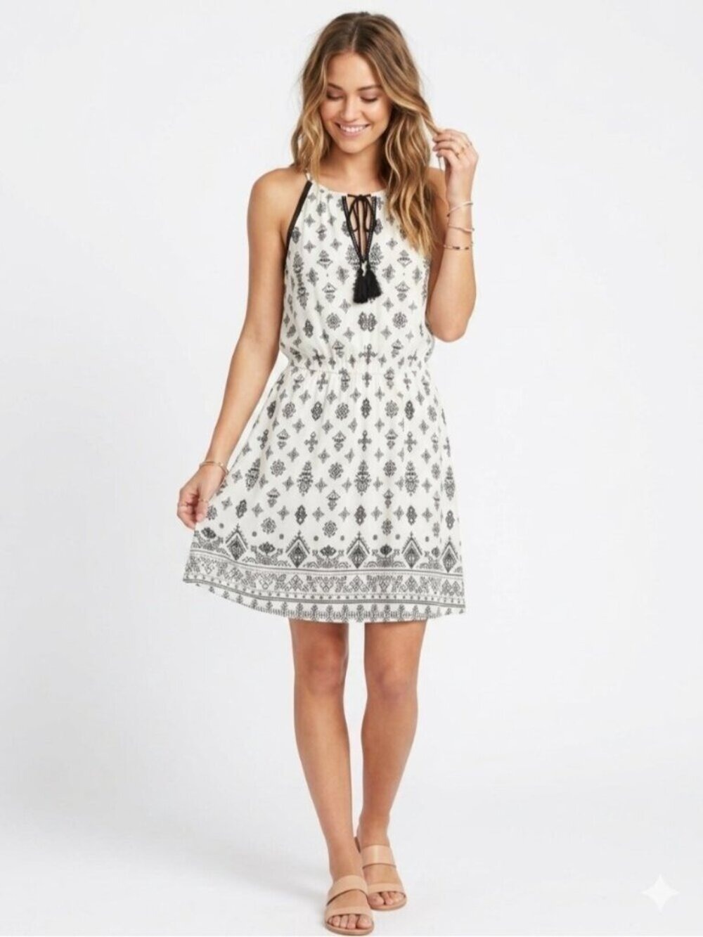 Dynamite Black White Geometric Print Halter Midi Dress Tie Waist XS 0562